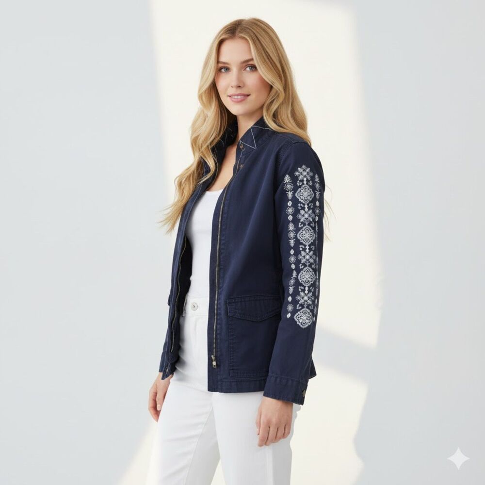 Sonoma Embroidered Navy Utility Jacket with White Summer Ensemble SZ S